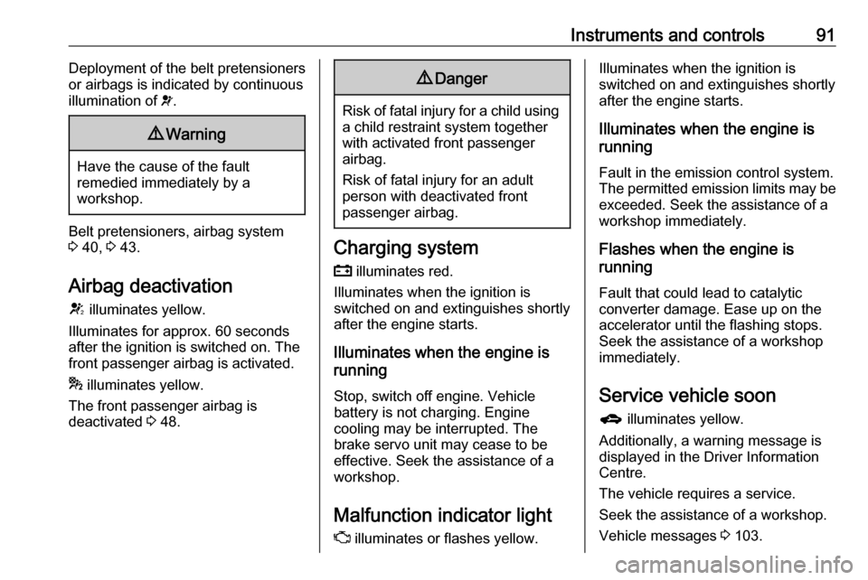 VAUXHALL CORSA 2016  Owners Manual Instruments and controls91Deployment of the belt pretensioners
or airbags is indicated by continuous
illumination of  v.9 Warning
Have the cause of the fault
remedied immediately by a
workshop.
Belt p