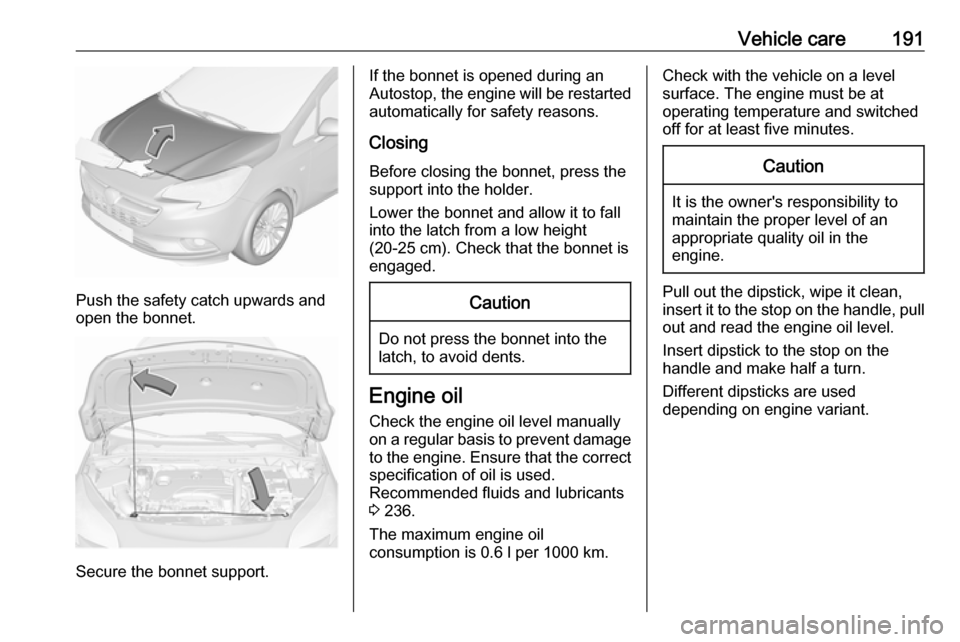 VAUXHALL CORSA 2017  Owners Manual Vehicle care191
Push the safety catch upwards and
open the bonnet.
Secure the bonnet support.
If the bonnet is opened during an
Autostop, the engine will be restarted automatically for safety reasons.