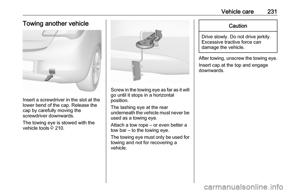 VAUXHALL CORSA 2017  Owners Manual Vehicle care231Towing another vehicle
Insert a screwdriver in the slot at the
lower bend of the cap. Release the
cap by carefully moving the
screwdriver downwards.
The towing eye is stowed with the
ve