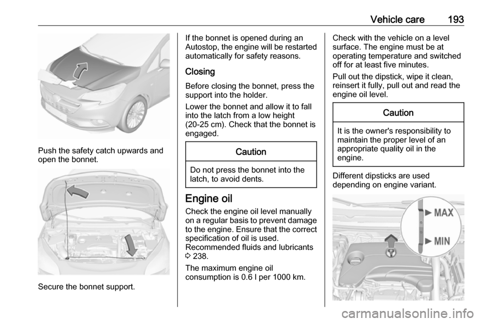 VAUXHALL CORSA F 2018  Owners Manual Vehicle care193
Push the safety catch upwards and
open the bonnet.
Secure the bonnet support.
If the bonnet is opened during an
Autostop, the engine will be restarted automatically for safety reasons.
