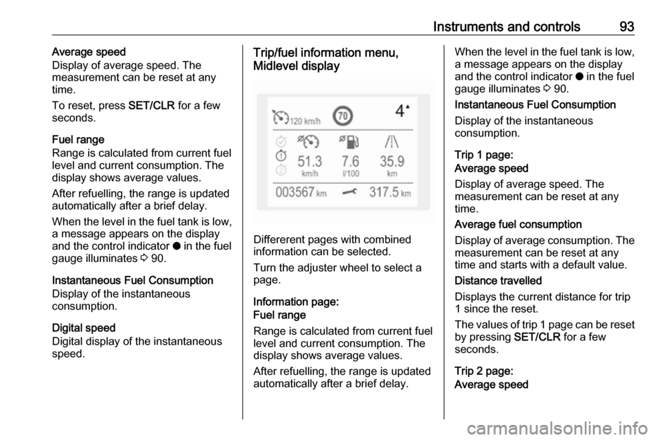 VAUXHALL CROSSLAND X 2017.75 Owners Manual Instruments and controls93Average speed
Display of average speed. The
measurement can be reset at any
time.
To reset, press SET/CLR for a few
seconds.
Fuel range
Range is calculated from current fuel VAUXHALL CROSSLAND X 2017.75 Owners Manual Instruments and controls93Average speed
Display of average speed. The
measurement can be reset at any
time.
To reset, press SET/CLR for a few
seconds.
Fuel range
Range is calculated from current fuel