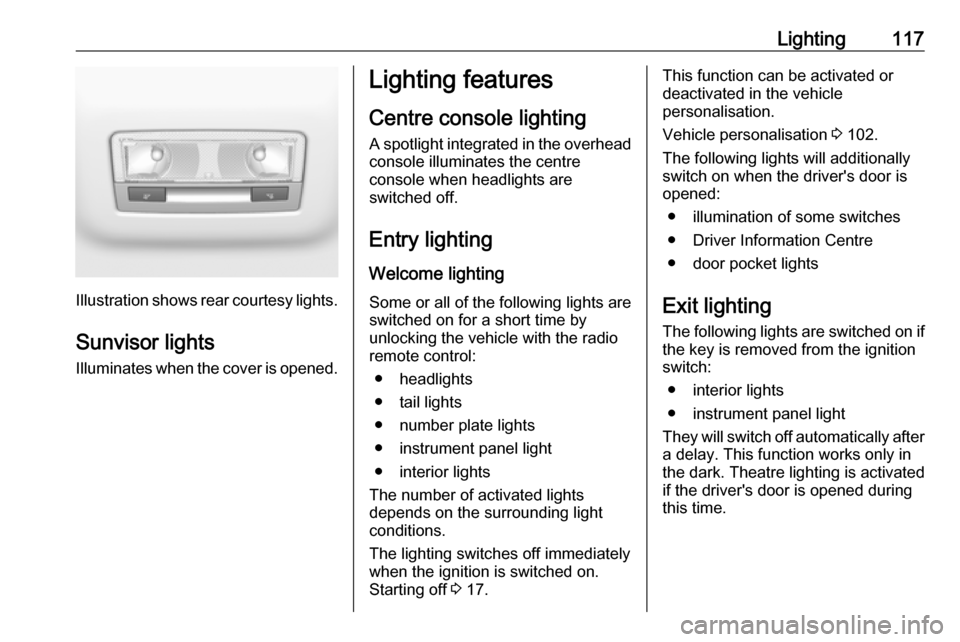 VAUXHALL CROSSLAND X 2018 Owners Manual Lighting117
Illustration shows rear courtesy lights.
Sunvisor lights Illuminates when the cover is opened.
Lighting features
Centre console lighting A spotlight integrated in the overheadconsole illum VAUXHALL CROSSLAND X 2018 Owners Manual Lighting117
Illustration shows rear courtesy lights.
Sunvisor lights Illuminates when the cover is opened.
Lighting features
Centre console lighting A spotlight integrated in the overheadconsole illum