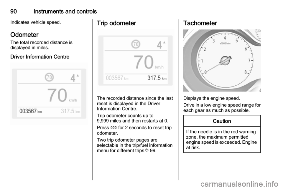 VAUXHALL GRANDLAND X 2018 Owners Guide 90Instruments and controlsIndicates vehicle speed.
Odometer
The total recorded distance is
displayed in miles.
Driver Information CentreTrip odometer
The recorded distance since the last
reset is disp