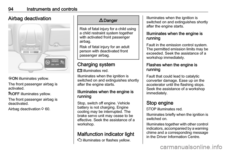 VAUXHALL GRANDLAND X 2018  Owners Manual 94Instruments and controlsAirbag deactivation
ÓON  illuminates yellow.
The front passenger airbag is
activated.
* OFF  illuminates yellow.
The front passenger airbag is
deactivated.
Airbag deactivati