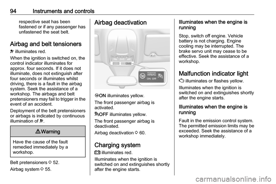 VAUXHALL GRANDLAND X 2018.5 Owners Manual 94Instruments and controlsrespective seat has been
fastened or if any passenger has
unfastened the seat belt.
Airbag and belt tensioners
v illuminates red.
When the ignition is switched on, the contr VAUXHALL GRANDLAND X 2018.5 Owners Manual 94Instruments and controlsrespective seat has been
fastened or if any passenger has
unfastened the seat belt.
Airbag and belt tensioners
v illuminates red.
When the ignition is switched on, the contr