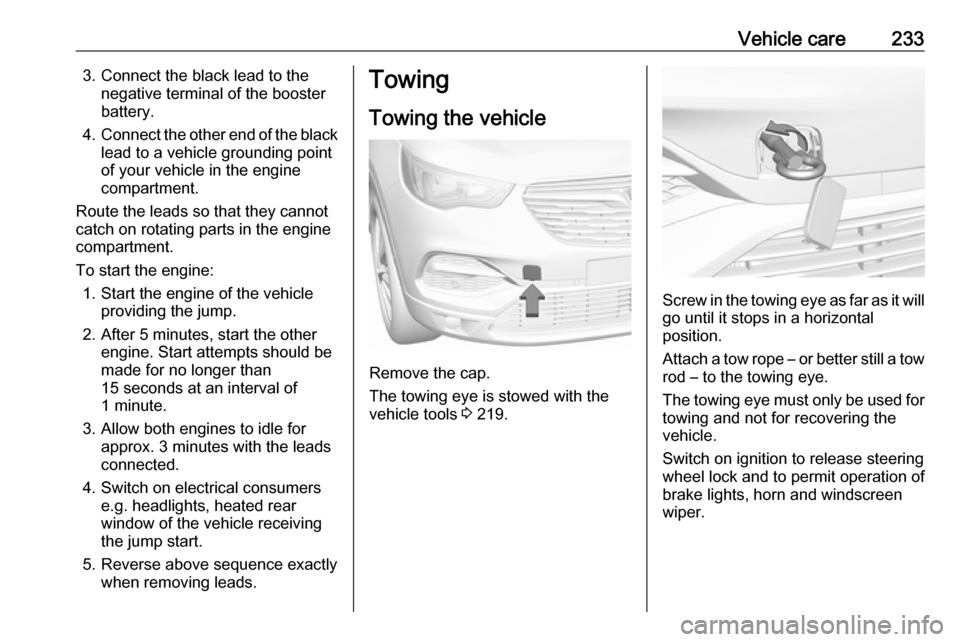 VAUXHALL GRANDLAND X 2018.75  Owners Manual Vehicle care2333. Connect the black lead to thenegative terminal of the booster
battery.
4. Connect the other end of the black
lead to a vehicle grounding point
of your vehicle in the engine
compartme