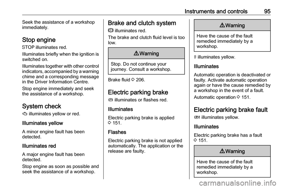 VAUXHALL GRANDLAND X 2018.75  Owners Manual Instruments and controls95Seek the assistance of a workshop
immediately.
Stop engine
Y  illuminates red.
Illuminates briefly when the ignition is
switched on.
Illuminates together with other control i
