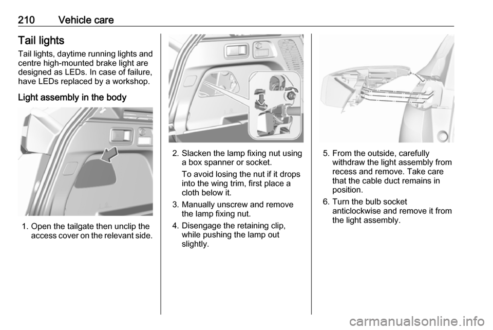 VAUXHALL GRANDLAND X 2019 Owners Manual 210Vehicle careTail lightsTail lights, daytime running lights and
centre high-mounted brake light are
designed as LEDs. In case of failure, have LEDs replaced by a workshop.
Light assembly in the body VAUXHALL GRANDLAND X 2019 Owners Manual 210Vehicle careTail lightsTail lights, daytime running lights and
centre high-mounted brake light are
designed as LEDs. In case of failure, have LEDs replaced by a workshop.
Light assembly in the body