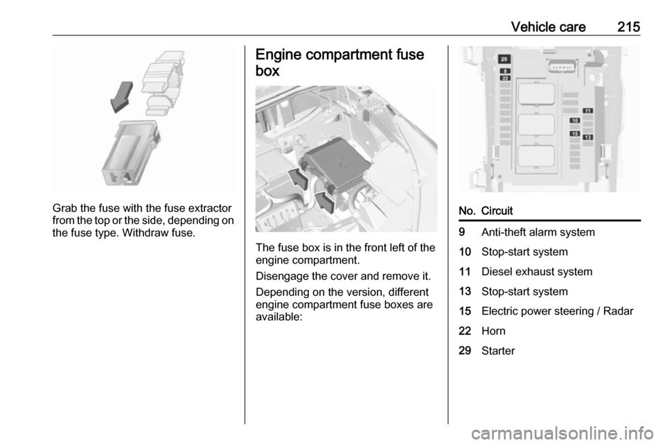 VAUXHALL GRANDLAND X 2019  Owners Manual Vehicle care215
Grab the fuse with the fuse extractor
from the top or the side, depending on
the fuse type. Withdraw fuse.
Engine compartment fuse
box
The fuse box is in the front left of the
engine c