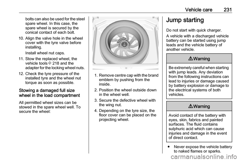 VAUXHALL GRANDLAND X 2019  Owners Manual Vehicle care231bolts can also be used for the steelspare wheel. In this case, the
spare wheel is secured by the
conical contact of each bolt.
10. Align the valve hole in the wheel cover with the tyre 