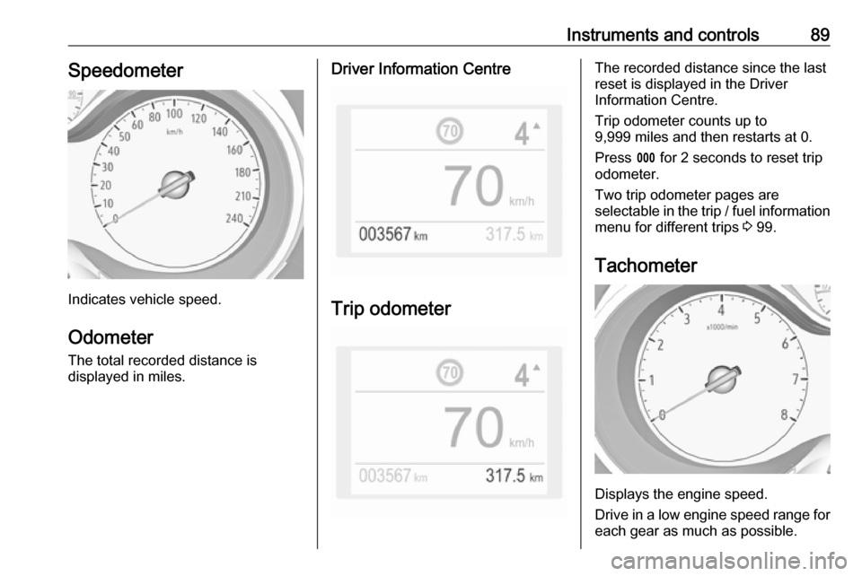 VAUXHALL GRANDLAND X 2019 User Guide Instruments and controls89Speedometer
Indicates vehicle speed.
Odometer
The total recorded distance is
displayed in miles.
Driver Information Centre
Trip odometer
The recorded distance since the last
