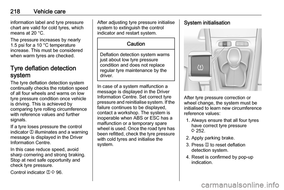 VAUXHALL GRANDLAND X 2019.75 Owners Manual 218Vehicle careinformation label and tyre pressure
chart are valid for cold tyres, which means at 20 °C.
The pressure increases by nearly
1.5 psi for a 10 °C temperature
increase. This must be consi VAUXHALL GRANDLAND X 2019.75 Owners Manual 218Vehicle careinformation label and tyre pressure
chart are valid for cold tyres, which means at 20 °C.
The pressure increases by nearly
1.5 psi for a 10 °C temperature
increase. This must be consi