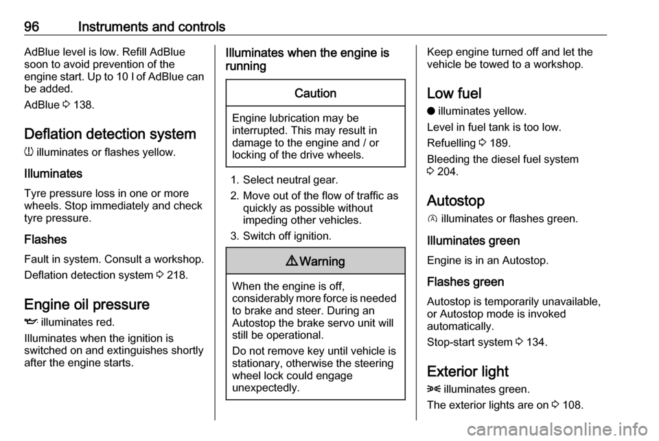 VAUXHALL GRANDLAND X 2019.75 Owners Manual 96Instruments and controlsAdBlue level is low. Refill AdBlue
soon to avoid prevention of the
engine start. Up to 10 l of AdBlue can
be added.
AdBlue 3 138.
Deflation detection system
w illuminates VAUXHALL GRANDLAND X 2019.75 Owners Manual 96Instruments and controlsAdBlue level is low. Refill AdBlue
soon to avoid prevention of the
engine start. Up to 10 l of AdBlue can
be added.
AdBlue 3 138.
Deflation detection system
w illuminates