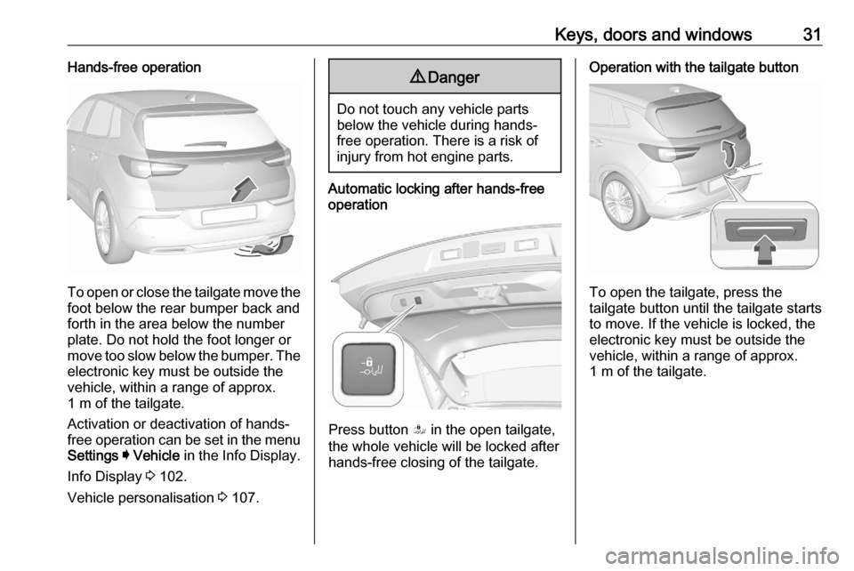 VAUXHALL GRANDLAND X 2020  Owners Manual Keys, doors and windows31Hands-free operation
To open or close the tailgate move the
foot below the rear bumper back and
forth in the area below the number plate. Do not hold the foot longer or
move t