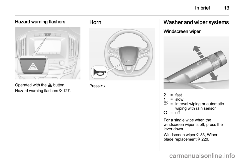 VAUXHALL INSIGNIA 2014 User Guide In brief13
Hazard warning flashers
Operated with the ¨ button.
Hazard warning flashers  3 127.
Horn
Press  j.
Washer and wiper systems
Windscreen wiper2=fast1=slowP=interval wiping or automaticwiping