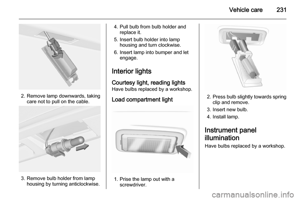 VAUXHALL INSIGNIA 2014  Owners Manual Vehicle care231
2. Remove lamp downwards, takingcare not to pull on the cable.
3. Remove bulb holder from lamphousing by turning anticlockwise.
4. Pull bulb from bulb holder andreplace it.
5. Insert b