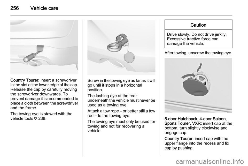 VAUXHALL INSIGNIA 2014 Owners Manual 256Vehicle care
Country Tourer: insert a screwdriver
in the slot at the lower edge of the cap. Release the cap by carefully moving
the screwdriver downwards. To
prevent damage it is recommended to pla VAUXHALL INSIGNIA 2014 Owners Manual 256Vehicle care
Country Tourer: insert a screwdriver
in the slot at the lower edge of the cap. Release the cap by carefully moving
the screwdriver downwards. To
prevent damage it is recommended to pla