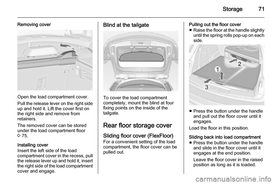 VAUXHALL INSIGNIA 2014 Manual PDF Storage71
Removing cover
Open the load compartment cover.
Pull the release lever on the right side
up and hold it. Lift the cover first on
the right side and remove from
retainers.
The removed cover c VAUXHALL INSIGNIA 2014 Manual PDF Storage71
Removing cover
Open the load compartment cover.
Pull the release lever on the right side
up and hold it. Lift the cover first on
the right side and remove from
retainers.
The removed cover c
