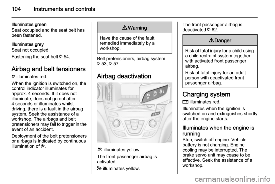 VAUXHALL INSIGNIA 2014.5  Owners Manual 104Instruments and controls
Illuminates green
Seat occupied and the seat belt has
been fastened.
Illuminates grey
Seat not occupied.
Fastening the seat belt  3 54.
Airbag and belt tensioners
v  illumi
