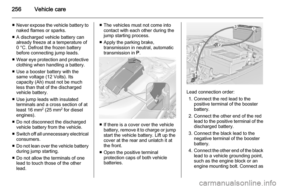 VAUXHALL INSIGNIA 2014.5  Owners Manual 256Vehicle care
■Never expose the vehicle battery to
naked flames or sparks.
■ A discharged vehicle battery can already freeze at a temperature of
0 °C. Defrost the frozen battery
before connecti