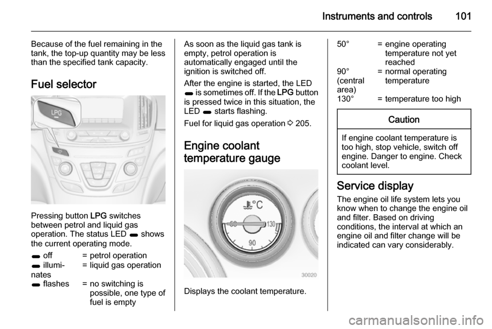 VAUXHALL INSIGNIA 2015  Owners Manual Instruments and controls101
Because of the fuel remaining in the
tank, the top-up quantity may be less
than the specified tank capacity.
Fuel selector
Pressing button  LPG switches
between petrol and 