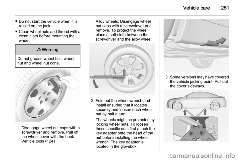 VAUXHALL INSIGNIA 2015 Owners Manual Vehicle care251
■ Do not start the vehicle when it israised on the jack.
■ Clean wheel nuts and thread with a
clean cloth before mounting the
wheel.9 Warning
Do not grease wheel bolt, wheel
nut an VAUXHALL INSIGNIA 2015 Owners Manual Vehicle care251
■ Do not start the vehicle when it israised on the jack.
■ Clean wheel nuts and thread with a
clean cloth before mounting the
wheel.9 Warning
Do not grease wheel bolt, wheel
nut an