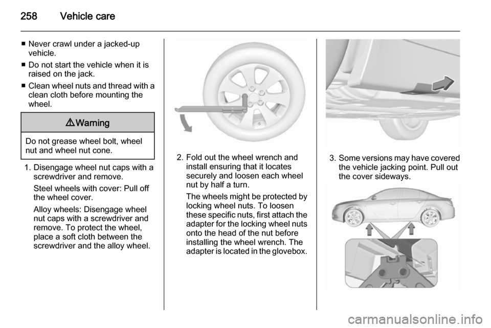 VAUXHALL INSIGNIA 2015.5 Owners Manual 258Vehicle care
■ Never crawl under a jacked-upvehicle.
■ Do not start the vehicle when it is raised on the jack.
■ Clean wheel nuts and thread with a
clean cloth before mounting the
wheel.9 War VAUXHALL INSIGNIA 2015.5 Owners Manual 258Vehicle care
■ Never crawl under a jacked-upvehicle.
■ Do not start the vehicle when it is raised on the jack.
■ Clean wheel nuts and thread with a
clean cloth before mounting the
wheel.9 War
