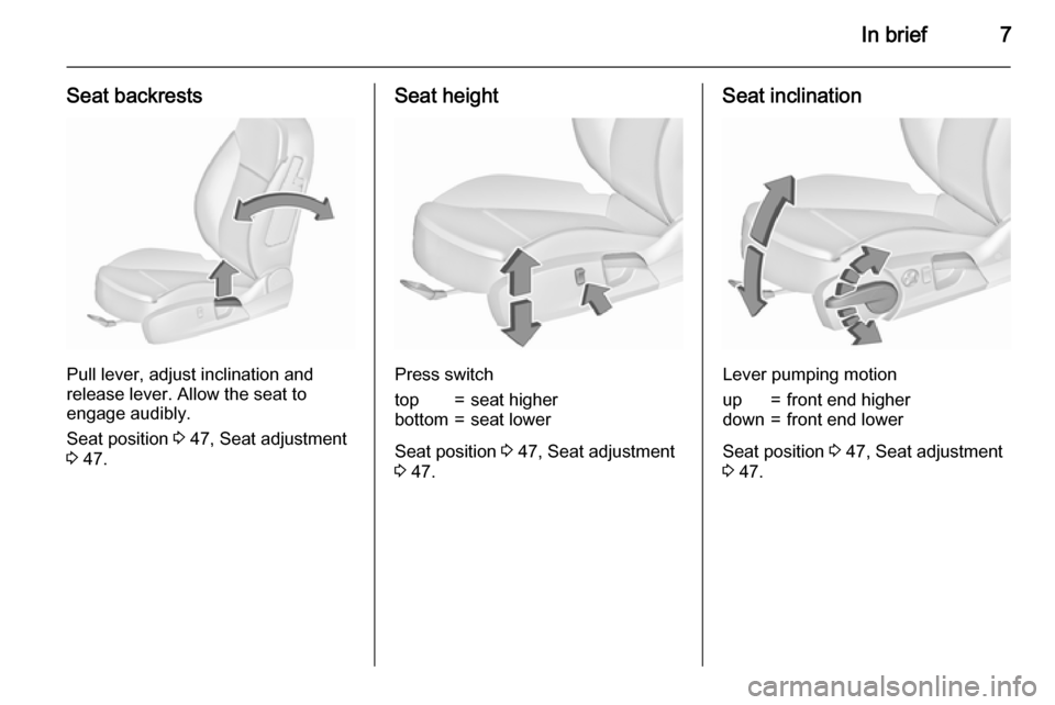 VAUXHALL INSIGNIA 2015.5  Owners Manual In brief7
Seat backrests
Pull lever, adjust inclination and
release lever. Allow the seat to
engage audibly.
Seat position  3 47, Seat adjustment
3  47.
Seat height
Press switch
top=seat higherbottom=