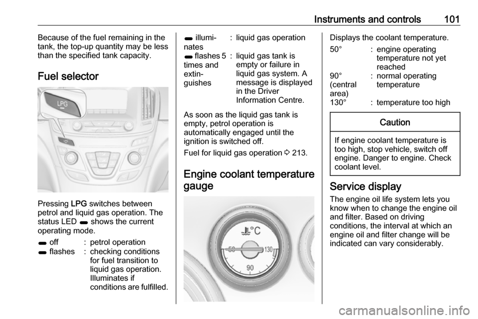 VAUXHALL INSIGNIA 2016  Owners Manual Instruments and controls101Because of the fuel remaining in the
tank, the top-up quantity may be less
than the specified tank capacity.
Fuel selector
Pressing  LPG
 switches between
petrol and liquid 