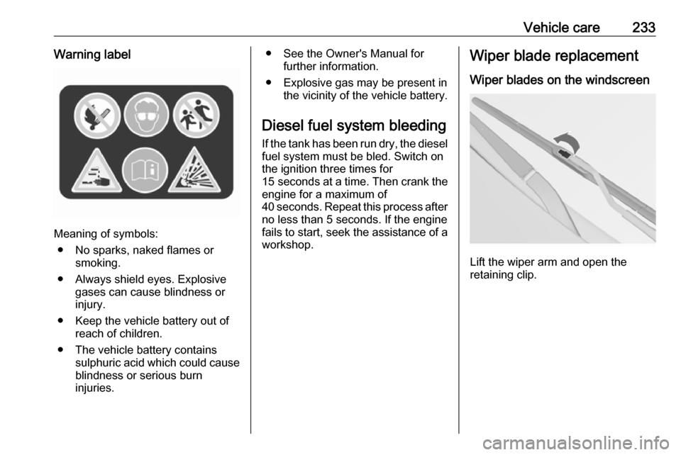 VAUXHALL INSIGNIA 2016 Manual Online Vehicle care233Warning label
Meaning of symbols:● No sparks, naked flames or smoking.
● Always shield eyes. Explosive gases can cause blindness or
injury.
● Keep the vehicle battery out of reach VAUXHALL INSIGNIA 2016 Manual Online Vehicle care233Warning label
Meaning of symbols:● No sparks, naked flames or smoking.
● Always shield eyes. Explosive gases can cause blindness or
injury.
● Keep the vehicle battery out of reach