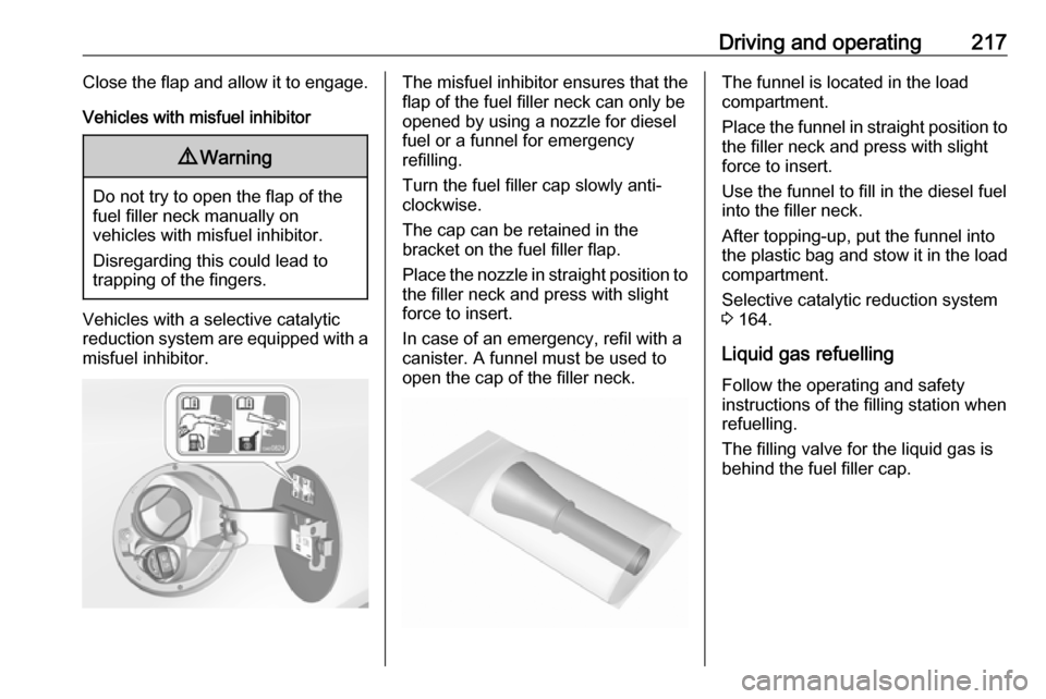 VAUXHALL INSIGNIA 2016.5  Owners Manual Driving and operating217Close the flap and allow it to engage.Vehicles with misfuel inhibitor9 Warning
Do not try to open the flap of the
fuel filler neck manually on
vehicles with misfuel inhibitor.
 VAUXHALL INSIGNIA 2016.5  Owners Manual Driving and operating217Close the flap and allow it to engage.Vehicles with misfuel inhibitor9 Warning
Do not try to open the flap of the
fuel filler neck manually on
vehicles with misfuel inhibitor.