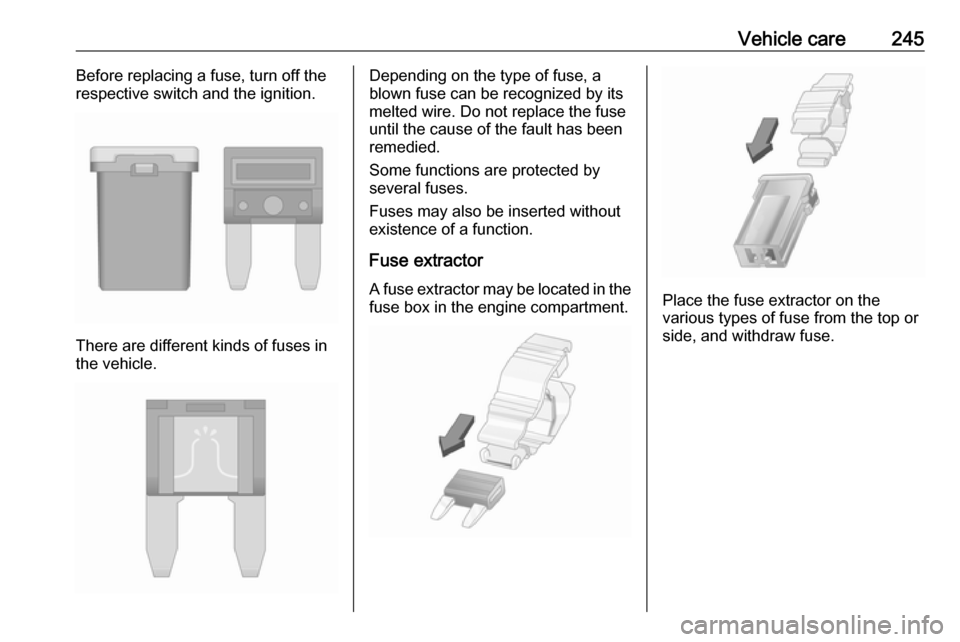 VAUXHALL INSIGNIA 2016.5 Owners Manual Vehicle care245Before replacing a fuse, turn off the
respective switch and the ignition.
There are different kinds of fuses in
the vehicle.
Depending on the type of fuse, a
blown fuse can be recognize VAUXHALL INSIGNIA 2016.5 Owners Manual Vehicle care245Before replacing a fuse, turn off the
respective switch and the ignition.
There are different kinds of fuses in
the vehicle.
Depending on the type of fuse, a
blown fuse can be recognize