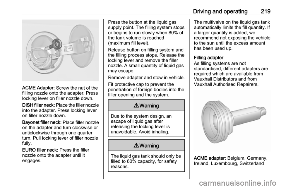 VAUXHALL INSIGNIA 2017 Owners Manual Driving and operating219
ACME Adapter: Screw the nut of the
filling nozzle onto the adapter. Press
locking lever on filler nozzle down.
DISH filler neck: Place the filler nozzle
into the adapter. Pre VAUXHALL INSIGNIA 2017 Owners Manual Driving and operating219
ACME Adapter: Screw the nut of the
filling nozzle onto the adapter. Press
locking lever on filler nozzle down.
DISH filler neck: Place the filler nozzle
into the adapter. Pre