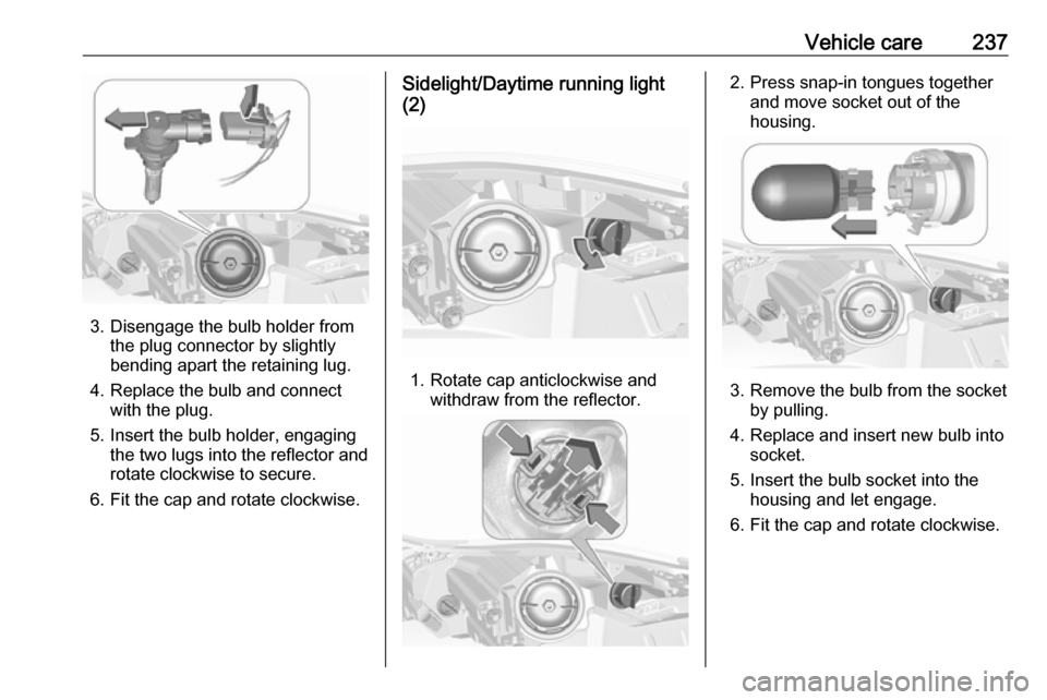 VAUXHALL INSIGNIA 2017  Owners Manual Vehicle care237
3. Disengage the bulb holder fromthe plug connector by slightly
bending apart the retaining lug.
4. Replace the bulb and connect with the plug.
5. Insert the bulb holder, engaging the 