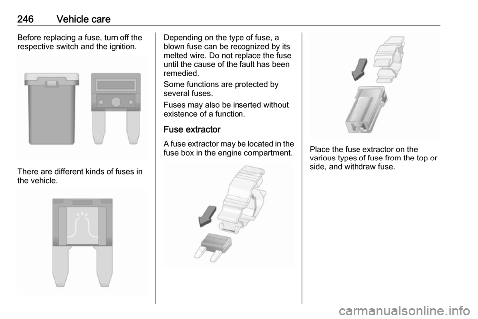 VAUXHALL INSIGNIA 2017 Owners Manual 246Vehicle careBefore replacing a fuse, turn off the
respective switch and the ignition.
There are different kinds of fuses in
the vehicle.
Depending on the type of fuse, a
blown fuse can be recognize VAUXHALL INSIGNIA 2017 Owners Manual 246Vehicle careBefore replacing a fuse, turn off the
respective switch and the ignition.
There are different kinds of fuses in
the vehicle.
Depending on the type of fuse, a
blown fuse can be recognize