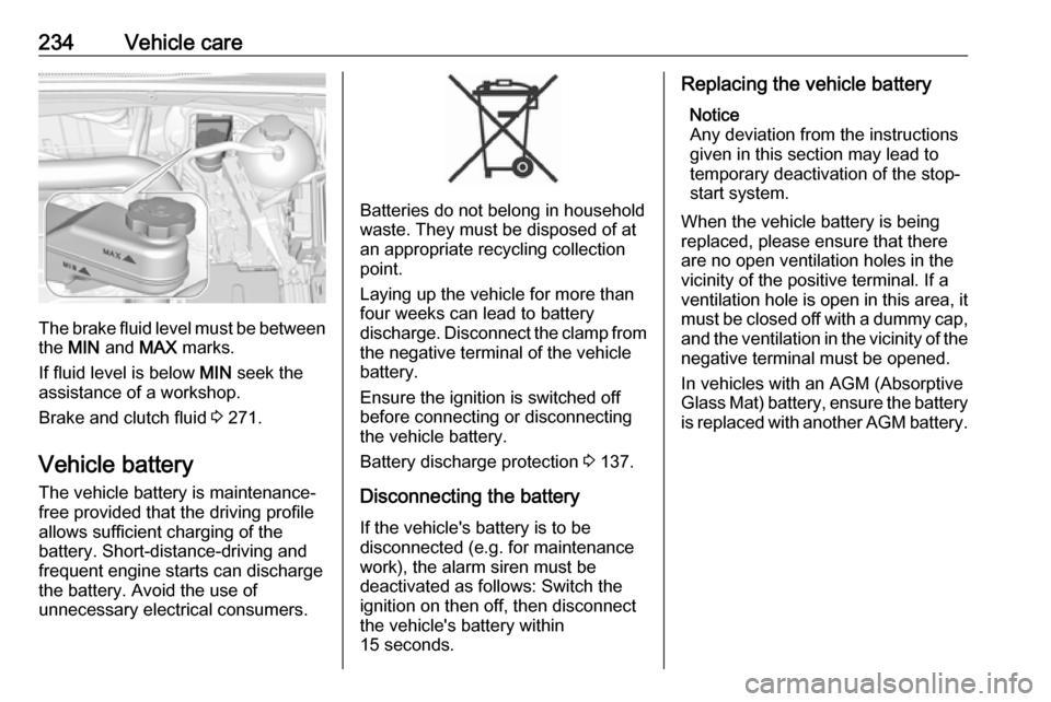 VAUXHALL INSIGNIA 2017.5  Owners Manual 234Vehicle care
The brake fluid level must be betweenthe  MIN  and  MAX marks.
If fluid level is below  MIN seek the
assistance of a workshop.
Brake and clutch fluid  3 271.
Vehicle battery
The vehicl
