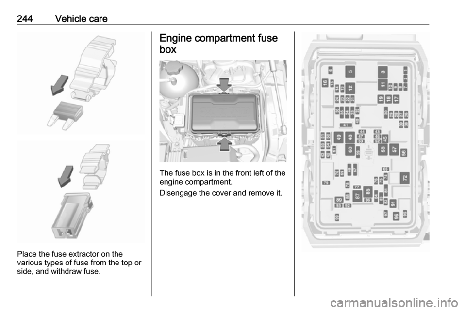 VAUXHALL INSIGNIA 2017.5 Owners Manual 244Vehicle care
Place the fuse extractor on the
various types of fuse from the top or
side, and withdraw fuse.
Engine compartment fuse
box
The fuse box is in the front left of the
engine compartment.
VAUXHALL INSIGNIA 2017.5 Owners Manual 244Vehicle care
Place the fuse extractor on the
various types of fuse from the top or
side, and withdraw fuse.
Engine compartment fuse
box
The fuse box is in the front left of the
engine compartment.