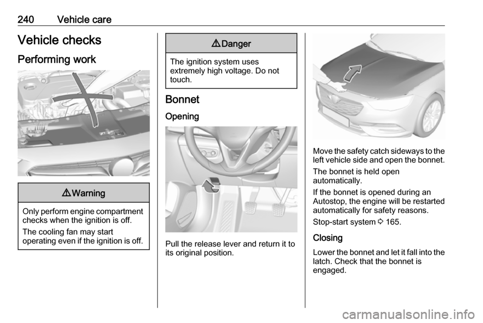 VAUXHALL INSIGNIA 2017.75  Owners Manual 240Vehicle careVehicle checks
Performing work9 Warning
Only perform engine compartment
checks when the ignition is off.
The cooling fan may start
operating even if the ignition is off.
9 Danger
The ig