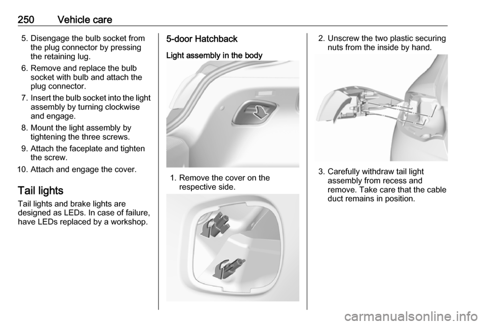 VAUXHALL INSIGNIA 2017.75  Owners Manual 250Vehicle care5. Disengage the bulb socket fromthe plug connector by pressing
the retaining lug.
6. Remove and replace the bulb socket with bulb and attach the
plug connector.
7. Insert the bulb sock