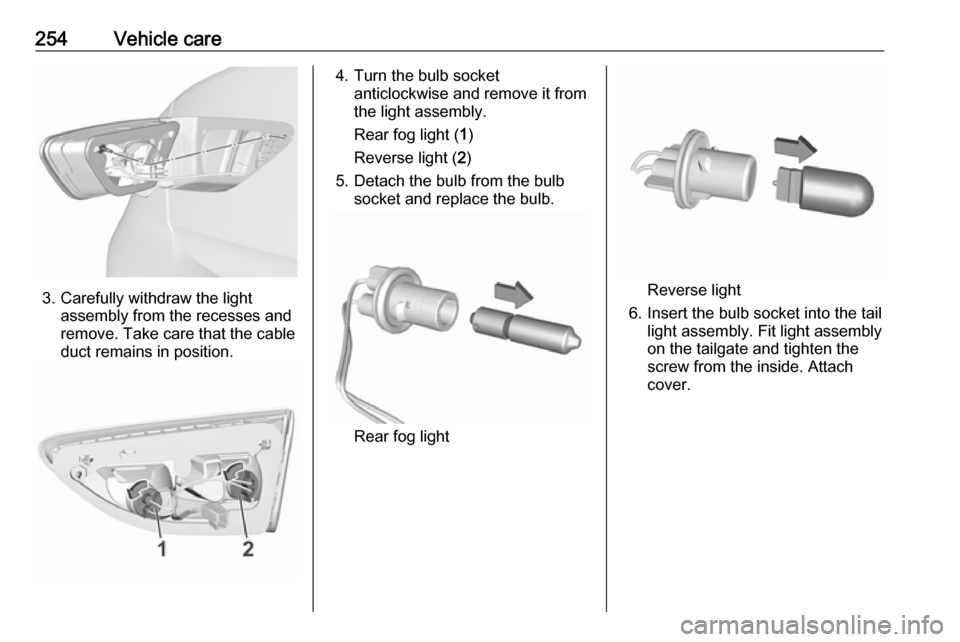 VAUXHALL INSIGNIA 2017.75  Owners Manual 254Vehicle care
3. Carefully withdraw the lightassembly from the recesses and
remove. Take care that the cable
duct remains in position.
4. Turn the bulb socket anticlockwise and remove it from
the li