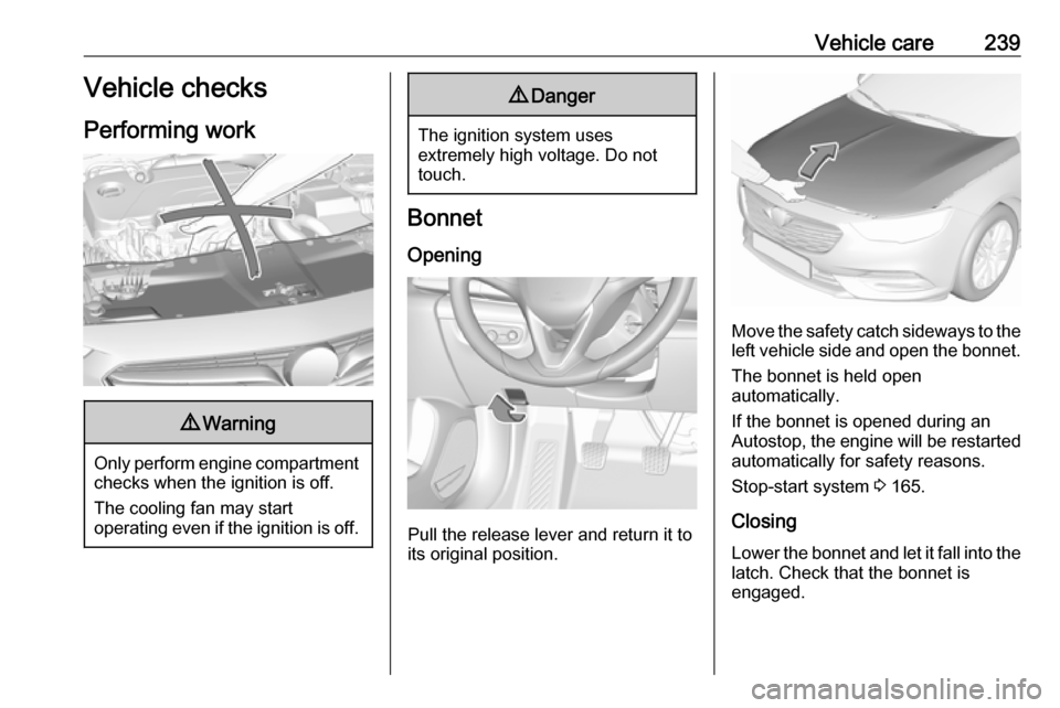VAUXHALL INSIGNIA 2018 User Guide Vehicle care239Vehicle checks
Performing work9 Warning
Only perform engine compartment
checks when the ignition is off.
The cooling fan may start
operating even if the ignition is off.
9 Danger
The ig VAUXHALL INSIGNIA 2018 User Guide Vehicle care239Vehicle checks
Performing work9 Warning
Only perform engine compartment
checks when the ignition is off.
The cooling fan may start
operating even if the ignition is off.
9 Danger
The ig