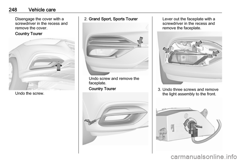 VAUXHALL INSIGNIA 2018 Owners Manual 248Vehicle careDisengage the cover with a
screwdriver in the recess and
remove the cover.
Country Tourer
Undo the screw.
2. Grand Sport, Sports Tourer
Undo screw and remove the
faceplate.
Country Tour VAUXHALL INSIGNIA 2018 Owners Manual 248Vehicle careDisengage the cover with a
screwdriver in the recess and
remove the cover.
Country Tourer
Undo the screw.
2. Grand Sport, Sports Tourer
Undo screw and remove the
faceplate.
Country Tour