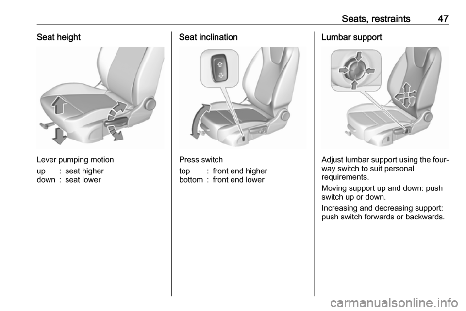 VAUXHALL INSIGNIA 2018 Service Manual Seats, restraints47Seat height
Lever pumping motion
up:seat higherdown:seat lowerSeat inclination
Press switch
top:front end higherbottom:front end lowerLumbar support
Adjust lumbar support using the VAUXHALL INSIGNIA 2018 Service Manual Seats, restraints47Seat height
Lever pumping motion
up:seat higherdown:seat lowerSeat inclination
Press switch
top:front end higherbottom:front end lowerLumbar support
Adjust lumbar support using the