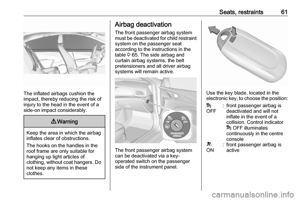 VAUXHALL INSIGNIA 2018  Owners Manual Seats, restraints61
The inflated airbags cushion the
impact, thereby reducing the risk of
injury to the head in the event of a
side-on impact considerably.
9 Warning
Keep the area in which the airbag
