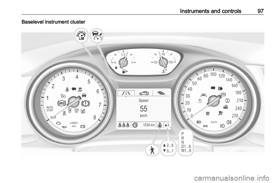 VAUXHALL INSIGNIA 2018 Owners Manual Instruments and controls97Baselevel instrument cluster 