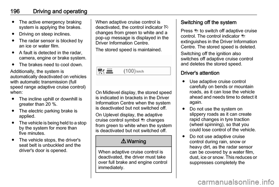 VAUXHALL INSIGNIA 2018.5 Manual PDF 196Driving and operating● The active emergency brakingsystem is applying the brakes.
● Driving on steep inclines.
● The radar sensor is blocked by an ice or water film.
● A fault is detected i VAUXHALL INSIGNIA 2018.5 Manual PDF 196Driving and operating● The active emergency brakingsystem is applying the brakes.
● Driving on steep inclines.
● The radar sensor is blocked by an ice or water film.
● A fault is detected i