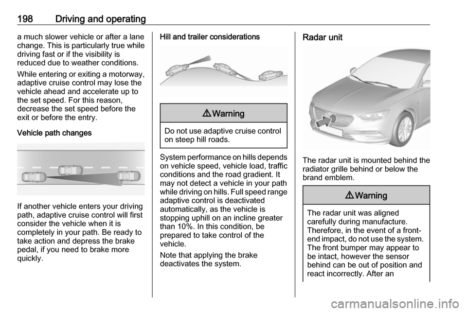 VAUXHALL INSIGNIA 2018.5 Owners Guide 198Driving and operatinga much slower vehicle or after a lane
change. This is particularly true while
driving fast or if the visibility is
reduced due to weather conditions.
While entering or exiting VAUXHALL INSIGNIA 2018.5 Owners Guide 198Driving and operatinga much slower vehicle or after a lane
change. This is particularly true while
driving fast or if the visibility is
reduced due to weather conditions.
While entering or exiting