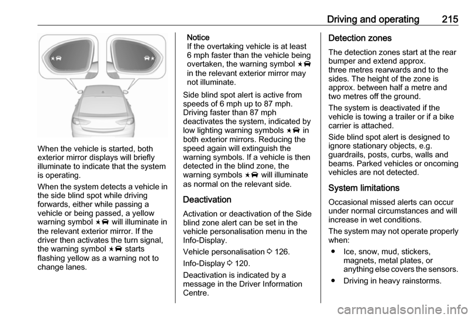 VAUXHALL INSIGNIA 2018.5 Manual Online Driving and operating215
When the vehicle is started, both
exterior mirror displays will briefly illuminate to indicate that the system
is operating.
When the system detects a vehicle in the side blin VAUXHALL INSIGNIA 2018.5 Manual Online Driving and operating215
When the vehicle is started, both
exterior mirror displays will briefly illuminate to indicate that the system
is operating.
When the system detects a vehicle in the side blin