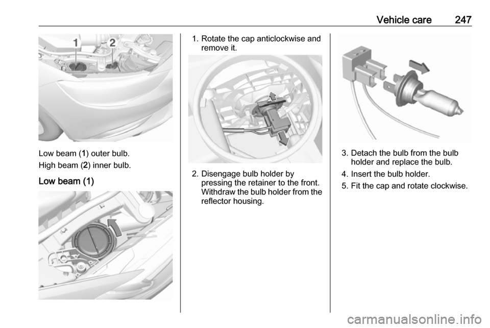 VAUXHALL INSIGNIA 2018.5 Owners Manual Vehicle care247
Low beam (1) outer bulb.
High beam ( 2) inner bulb.
Low beam (1)
1. Rotate the cap anticlockwise and remove it.
2. Disengage bulb holder bypressing the retainer to the front.
Withdraw VAUXHALL INSIGNIA 2018.5 Owners Manual Vehicle care247
Low beam (1) outer bulb.
High beam ( 2) inner bulb.
Low beam (1)
1. Rotate the cap anticlockwise and remove it.
2. Disengage bulb holder bypressing the retainer to the front.
Withdraw
