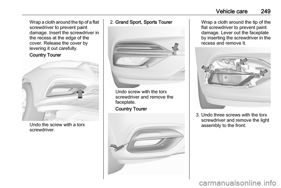 VAUXHALL INSIGNIA 2018.5  Owners Manual Vehicle care249Wrap a cloth around the tip of a flatscrewdriver to prevent paint
damage. Insert the screwdriver in
the recess at the edge of the
cover. Release the cover by
levering it out carefully.
